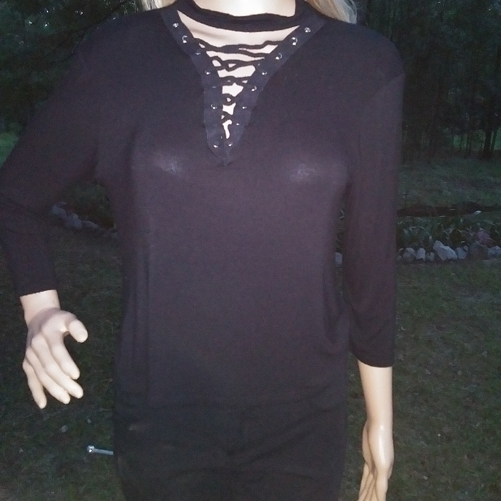 Jr"Social Teen"black lace-up choker 3/4 sleeve